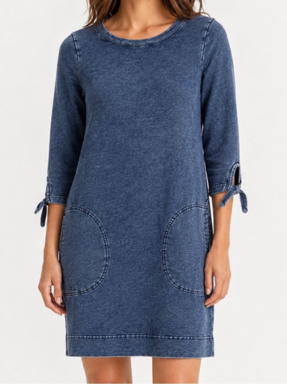 Jane & Delancey Faux Denim Knit With Pockets Dress Tie Sleeve Blue XS Boutique